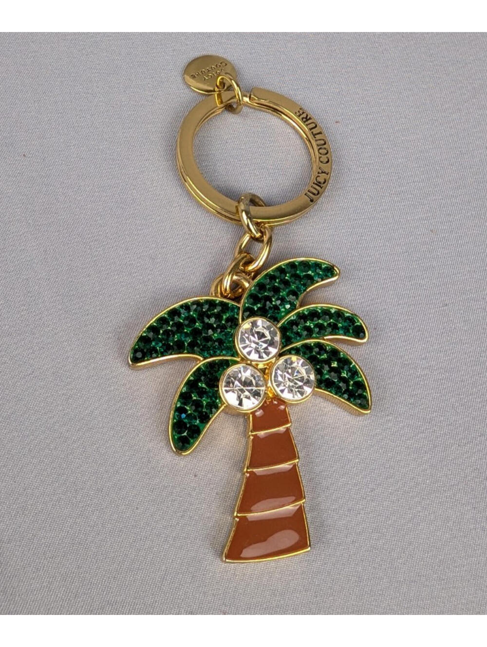 Juicy Couture Gold Palm Tree Keychain Charm Crystal Rhinestone Enamel Y2K